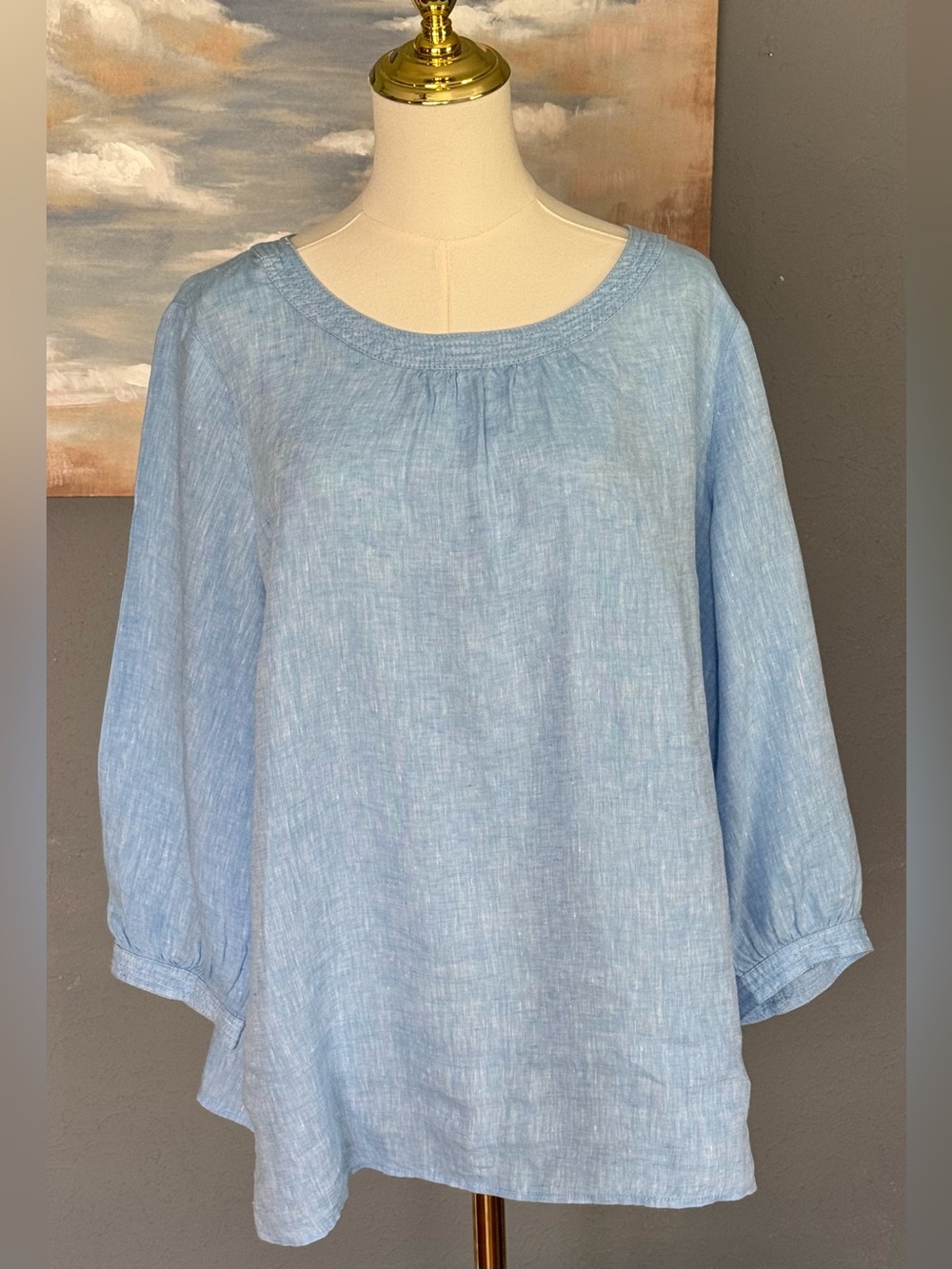 Talbots Womens 3/4 Sleeve 100% Linen Button-Back Blouse Blue Coastal TopSize XL